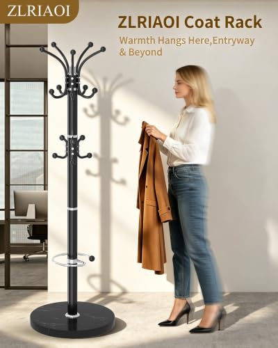 Metal Coat Rack, Modern Coat Rack Stand, 360°Rotary Coat Tree Stand | Heavy Duty Coat Rack Freestanding with Natural Marble Base, Black Clothes Tree Hanger Stand with 14 Hooks & Umbrella Holder - color: Black-16Hooks