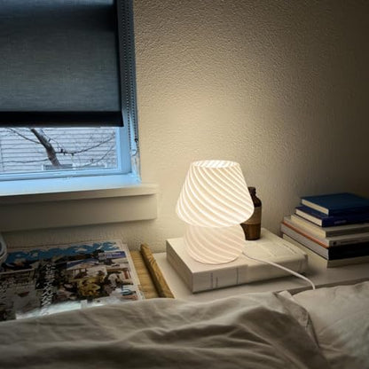 ONEWISH Mushroom Lamp-Small Bedside Table Lamp with Striped Glass, Nightstand Lamp for Bedroom, Living Room, 3000K E26 Bulb Included(White) - color: Not-dimmable-‎white-1pack