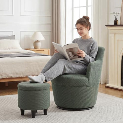 LOULENS Swivel Accent Chair with Storage Ottoman, Linen,Green | Small, Barrel, Reading Chair, Vanity Chair, Comfy Single Sofa, Armchair, For Living Room, Bedroom - color: Green