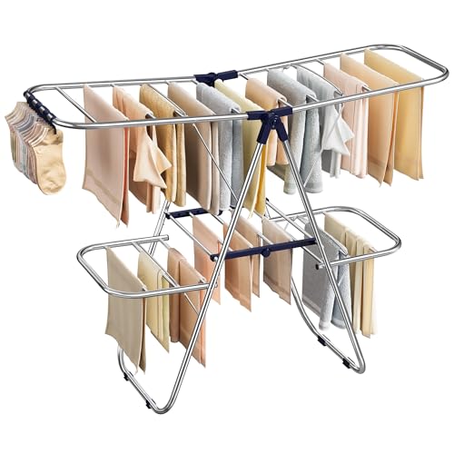 SONGMICS Clothes Drying Rack, Foldable Laundry Drying Rack, Blue | Sock Clips, Metal Clothes Airer with Height-Adjustable Gullwings, Space-Saving, Indoor Outdoor, ULLR506EQ01 - color: Blue, size: 51.2"W x 41.7"/47.6"H