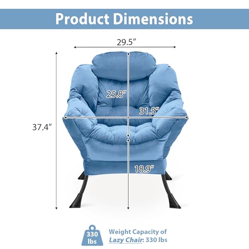 Youtanic Lazy Chair Thick Padded, Comfy Velvet Accent Lounge Chair with Stable Frame, Leisure Sofa Armchair with Armrests and Side Pocket, Reading Chair for Bedroom, Living Room, Office, Light Blue - color: Light Blue Without Stool