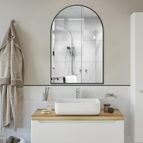 Black Arched Mirror 20x30in, Metal Framed Bathroom Vanity Wall | Tempered Glass, Shatter Proof, Living Room Bedroom Entryway, Modern Elegant Design - color: Black, size: 30"L x 20"W, style: Arched