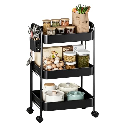 Heavy-Duty Rolling Cart 3 Tier Metal Utility Storage Cart | with Casters, Hooks & Hanging Cups, Rolling Storage Organizer for Kitchen Office Craft Snack Book - color: Matte Black