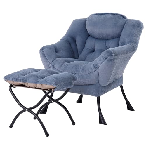 Welnow Lazy Chair with Ottoman,Reading Chair with Footrest,Plush Light Blue | A Side Pocket,Armrests,Foldable Footrest,Thick Cushioned Seat & Backrest, Lounge Chair for Bedroom,Living Room & Small Space - color: Plush Light Blue