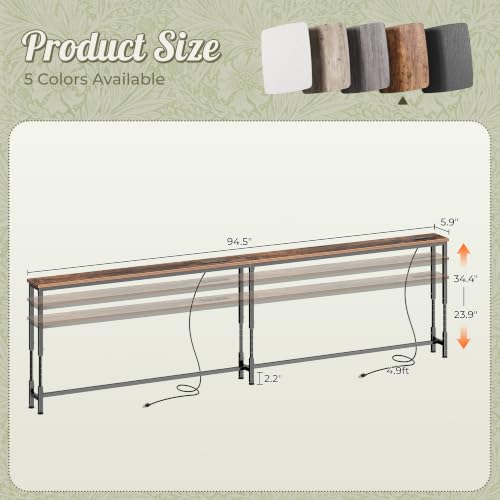 Huuger 94.5 Inch Sofa Table with Power Outlets, 23.9’’-34.4’’ Height Adjustable Range, Behind Couch Table with USB-C Ports, Sofa Tables Narrow Long, Skinny Console Table, Small Spaces, Rustic Brown - color: Rustic Brown, size: 94.5''W x 23.9''-34.4''H