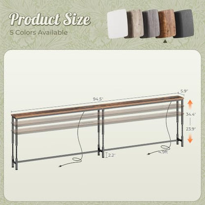 Huuger 94.5 Inch Sofa Table with Power Outlets, 23.9’’-34.4’’ Height Adjustable Range, Behind Couch Table with USB-C Ports, Sofa Tables Narrow Long, Skinny Console Table, Small Spaces, Rustic Brown - color: Rustic Brown, size: 94.5''W x 23.9''-34.4''H