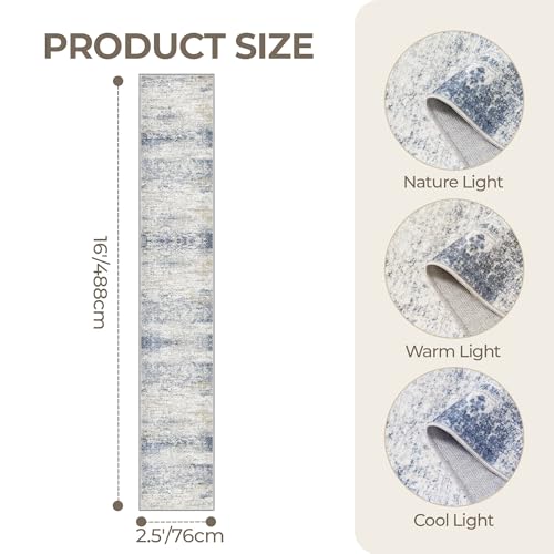 2'6 x 16' Runner Rug Non Slip,Washable Kitchen Rugs,Blue | 16ft Runner Rug for Hallway,Entryway,Bedroom,Living Room,Thin,Soft, Extra Long Rug,Stain Resistant Indoor Carpet - color: Blue/Brown/Ivory, size: 2'6" x 16' (Runner)