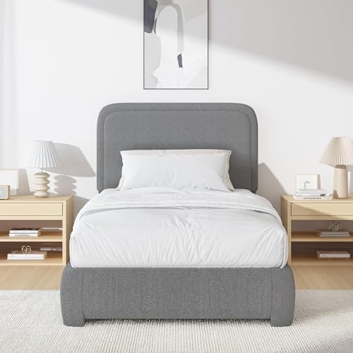 BarnFurin Twin Bed Frame, Cloud Boucle Headboard, Low Profile, Light Grey | Soft boucle and rounded edges create a low-profile cloud look. Wooden slats support the mattress without a box spring - color: Light Grey, size: Twin