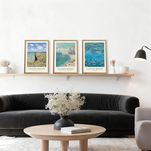 JLTULT Claude Monet Wall Art Set of 3, Solid Wood Frames, 12 x 16 in Each | Monet impressionist prints on fade-resistant canvas with ready-to-hang solid wood frames for living rooms and bedrooms - color: Monet, size: 16"L x 12"W