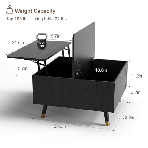 JOINICE Square Lift Top Coffee Table with Storage for Living Room,Black | 32" Multi-functional Pop Up Center Table,Large Hidden Compartments with Solid Wood Legs,Lift to 23",Hold 100lbs,Easy Assembly - color: Black_square