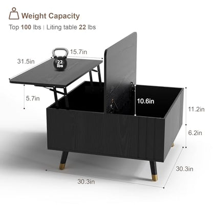 JOINICE Square Lift Top Coffee Table with Storage for Living Room,Black | 32" Multi-functional Pop Up Center Table,Large Hidden Compartments with Solid Wood Legs,Lift to 23",Hold 100lbs,Easy Assembly - color: Black_square