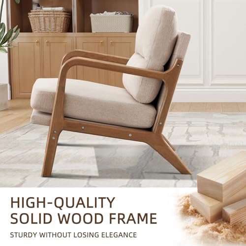 IOMOR Mid Century Modern Accent Chair, Linen Fabric Upholstered Lounge Armchair with Solid Wood Frame and Soft Cushion for Living Room, Bedroom (1, Linen Beige) - color: Linen Beige