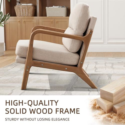 IOMOR Mid Century Modern Accent Chair, Linen Fabric Upholstered Lounge Armchair with Solid Wood Frame and Soft Cushion for Living Room, Bedroom (1, Linen Beige) - color: Linen Beige