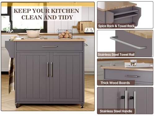 Kitchen Storage Island, Wooden Rolling Island On Wheels with Countertop, Mobile Kitchen Island Cart with Towel Rack, Spice Rack and Drawers, Grey - color: Grey