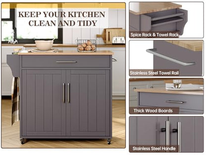 Kitchen Storage Island, Wooden Rolling Island On Wheels with Countertop, Mobile Kitchen Island Cart with Towel Rack, Spice Rack and Drawers, Grey - color: Grey