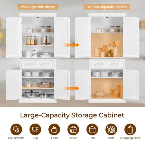 Yaheetech 72.5" H Freestanding 4-Door Kitchen Storage Cabinet,White | Stand up pantry with adjustable shelves and wide drawer in an engineered wood body for kitchen/Living Room