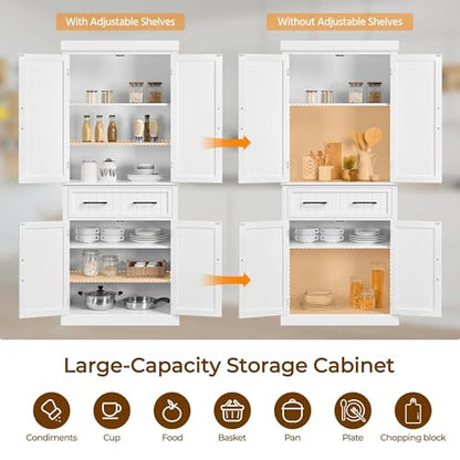 Yaheetech 72.5" H Freestanding 4-Door Kitchen Storage Cabinet,White | Stand up pantry with adjustable shelves and wide drawer in an engineered wood body for kitchen/Living Room