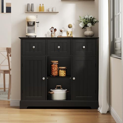 ChooChoo 35.4" Coffee Bar Cabinet with 3 Drawers and 2 Doors, Black | Buffet Cabinet with Adjustable Shelves, Storage Cabinet for Compact Kitchens, Dining rooms and Living rooms - color: Black