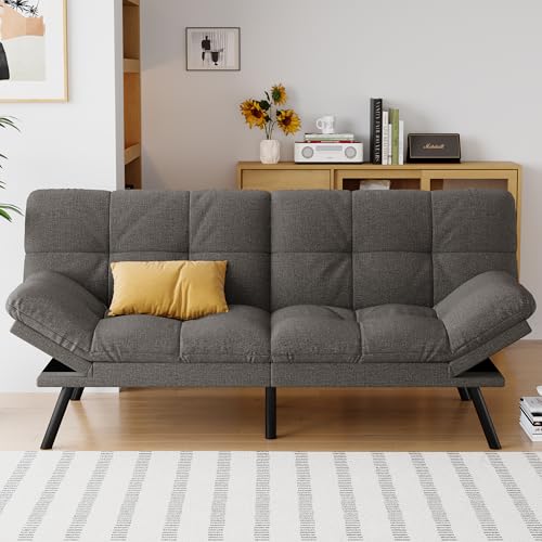 Futon Sofa Bed Convertible Couch, Grey Linen Sofa Bed | Adjustable Backrest & Armrests, Multifunctional Small Loveseat Sleeper Sofa for Living Room, Apartment, Office, Foam Couch - color: A1 | Dark Grey