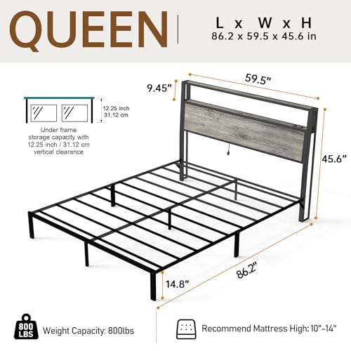 RVONOW Queen Size Bed Frame with 2-Tier Storage Headboard, Rustic Grey | Wooden headboard with LED lights, built-in charging station, No Box Spring Needed, Noise Free, Easy Assembly, Modern Bedroom - color: Rustic Grey, size: Queen