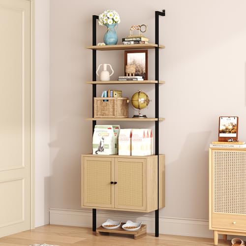 Yusong 73" Tall Bookshelf with Cabinet, Industrial Ladder Wall Mount Shelf Rattan Bookcase with Wood and Metal Frame, Plant Shelf Wall Storage Display for Living Room Bedroom,Light Ivory Brown - color: Light Brown