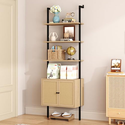 Yusong 73" Tall Bookshelf with Cabinet, Industrial Ladder Wall Mount Shelf Rattan Bookcase with Wood and Metal Frame, Plant Shelf Wall Storage Display for Living Room Bedroom,Light Ivory Brown - color: Light Brown