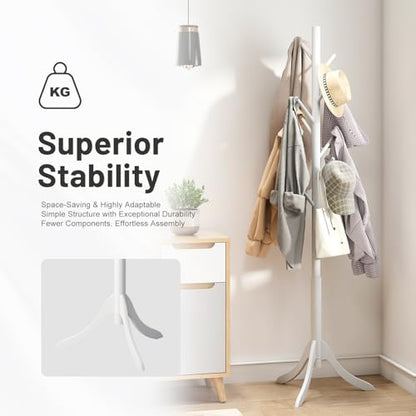 kiplant Coat Rack Stand with 8 Hooks, Adjustable Coat Standing Tree Easy Assembly for Coats, Hats, Scarves and Handbags for Entryway, Hallway, Bedroom, Office (Bamboo, White) - color: White