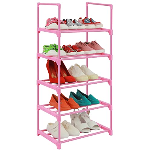 LNYZQUS 5-Tier Small Kids Shoe Rack Organizer, Pink Toddler Shoe Shelf Shoe Stand for Closet Narrow Space,Mini Shoe Storage Rack Short Shoe Tower for Women & Girls(Full Pink)