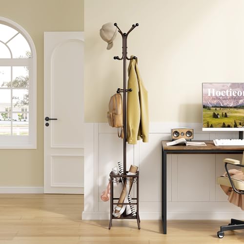 Hoctieon Coat Rack Freestanding, Coat Tree with Umbrella Holder | Metal Coat Rack Stand with 12 Hooks, Standing Coat Hanger Stand, Umbrella Stand for Entryway, Hat Rack Stand for Home Office - color: Brown