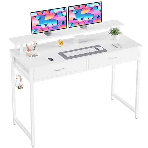DUMOS 40-Inch Computer Desk with Drawers and Monitor Stand, White | Small Writing Desk for Home Office with Headphone Hook, Compact Study Table for Bedroom - color: White, size: 40-In