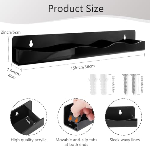 Nail Polish Wall Rack, 6-Shelf 15-Inch Black Acrylic Nail Polish Shelves with Removable Ends – Multi-Purpose Shelf for Essential Oils, Cosmetics Storage and Display for Salons and Bathrooms - color: Black