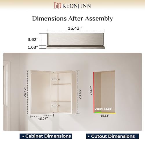 Keonjinn Bathroom Medicine Cabinet with Mirror 16 x 24 Inch, Brushed Nickel | Assembly Needed, Stepless Adjustable Shelves, Wall-Mounted or Recessed, Lightweight Aluminum, Bathroom Mirror with Storage - color: Brushed Nickel, size: 16x24 In