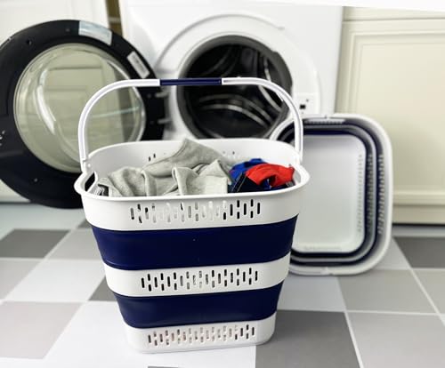 SAMMART 38L (10 Gallon) Collapsible Plastic Laundry Basket - Portable Pop-Up Storage Container/Organizer – Foldable Space Saving Laundry Hamper (2, White/Starry Blue) - color: White/Starry Blue
