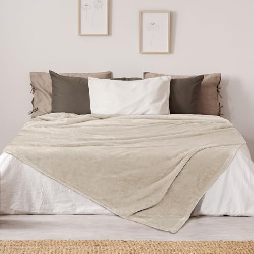 DEZ FURNISHINGS Ultra Soft Plush Fleece Throw Blanket, Double Sided Cozy Thick Warm Blanket for Sofa & Bed, Throw XL (60" x 70"), Beige - color: Beige, size: Throw XL (60" x 70")