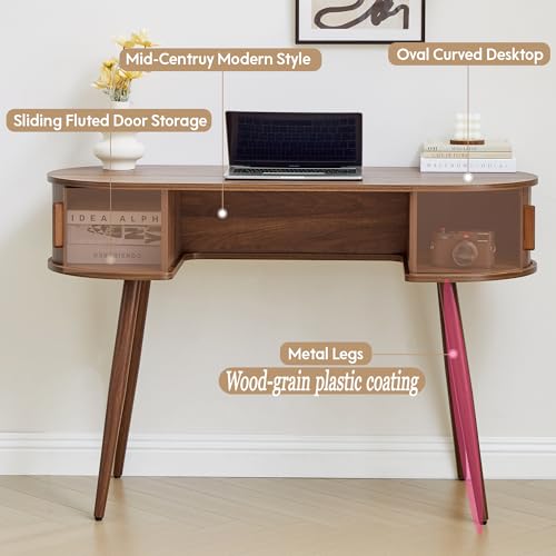 43" Wood Writing Desk, Laptop Desk with Storage, Vanity Table Study Desk | Mid-Century Writing Desk, Walnut Laptop Desk with Storage, Fluted Vanity Table Desk for Office, Bedroom, Study Room