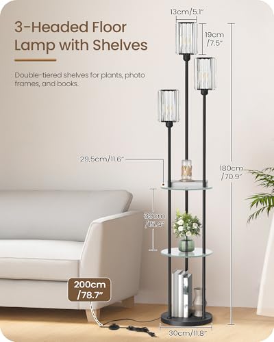 Black Floor Lamp with Shelves, Modern Floor Lamp with 3 Crystal Shades and Foot Switch, 3-Light Standing Lamp, for Living Room, Bedroom, Study, Office, Black B53LD05 - color: Black + Crystal Glass