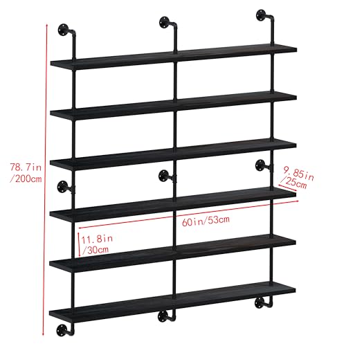 HDDFER Floating Shelves for Wall Living Room Shelves Bookshelf Industrial Pipe Shelving Shelf Real Wood Planks 60 inch Rustic Wall Shelves Hanging Bookshelves Farmhouse Kitchen Bar Shelving - color: Black, size: 6Tier60in
