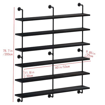 HDDFER Floating Shelves for Wall Living Room Shelves Bookshelf Industrial Pipe Shelving Shelf Real Wood Planks 60 inch Rustic Wall Shelves Hanging Bookshelves Farmhouse Kitchen Bar Shelving - color: Black, size: 6Tier60in