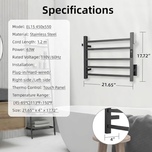 P&Dlusir EL15 Towel Warmer, 5 Bar, Matte Black | Heated Towel Rack, Fast Heat & Fast Dry, Smart Timer & Thermo Control, Stainless Steel, Hard-Wired/Plug-in - color: Matte Black, size: 5 Bar