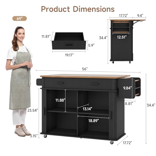 56" Kitchen Island on Wheels with Drop Leaf Countertop, Large Mobile Island Table with 2 Drawers and Spice Rack and Tower Rack, Mid-Century Modern Island Cart with Storage for Kitchen, Black - color: Black