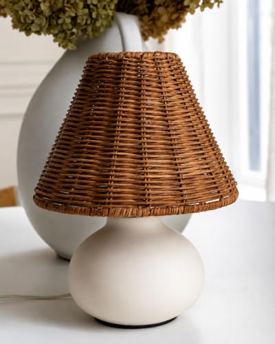 11" Small Table Lamp – Handmade Ceramic Cream Base with Wicker Rattan Shade, Dimmable Plug-in Nightstand Light for Bedroom, Kitchen Counter, or Small Spaces – Boho Japandi Organic Decor - color: Natural Woven Rattan Shade