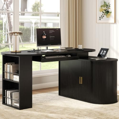 HSH Black L Shaped Office Desk with Storage Cabinet for Home Oak 60 Inch | Executive Woood Fluted Computer Desk with Keyboard Tray and Open Shelves Modern Reversible Mcm Large Swivel Table - color: Black Oak
