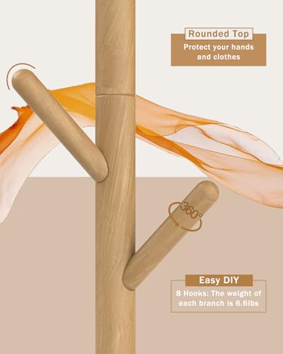Yawinhe Wooden Coat Rack Freestanding,Hall Tree with 8 Hooks,Natural | 3 Adjustable Heights Coat Standing Tree; Sturdy Clothes Stand with Square Base; Coat Tree for Entryway, Hallway - color: Natural