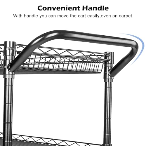 Heavy Duty 3 Tier Utility Cart,Wire Rolling Cart with Wheels, Commercial Grade Service Cart with Shelving Liners and Handle Bar Metal Carts for Kitchen Office Hardware - color: 750lbs Capacity Black