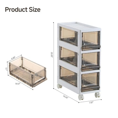 Plastic 3 Drawer Storage Organizer, Narrow Plastic Storage Drawers with Wheels, Storage Cart with Drawers for Small and Narrow Space, 7.87-inch Wide (gray)