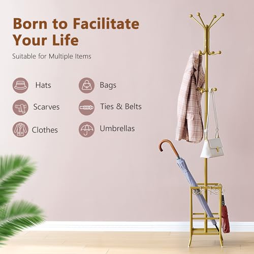 Hoctieon Coat Rack Freestanding, Coat Tree with Umbrella Holder | Metal Coat Rack Stand with 12 Hooks, Standing Coat Hanger Stand, Umbrella Stand for Entryway, Hat Rack Stand for Home Office - color: Gold