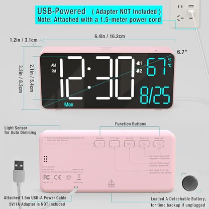 Alarm Clocks for Bedrooms, 6.7in Small Digital Clock, Auto Dimming, Room Temperature, Day of The Week, Date, Seconds, Digital Clocks for Living Room, Alarm Clock - color: Pink (White + Blue Digits)