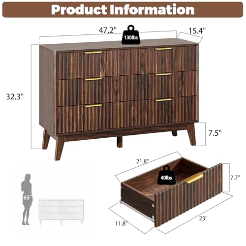 6-Drawer Dresser Fluted Drawers, Mid-Century, Walnut | 47.2"W x 15.4"D x 32.3"H, 130 lbs top / 40 lbs per drawer (7.7"H), 6 fluted drawers, gold handles, anti-tip straps - size: 15.4"D x 47.2"W x 32.3"H (6 Drawers)