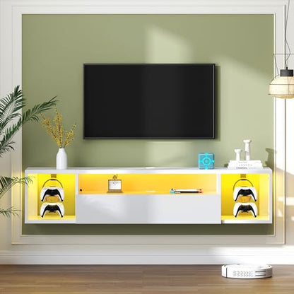 sogesfurniture 55'' Floating TV Stand Wall Mounted with Lights, Floating Entertainment Center with Lights, Modern Media Console with Storage, Wall Mounted LED TV Stand for Living Room - size: 55''-White
