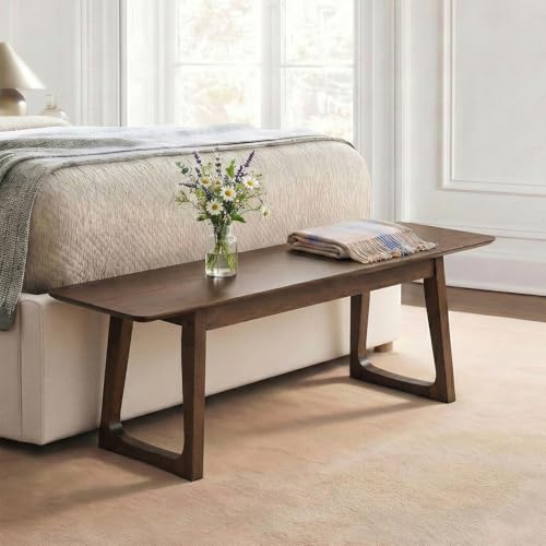 HNY Farmhouse Dining Bench, Solid Wooden Entryway Bench, 55 Inch Long Wooden Bench, Kitchen Dining Seat for Entryway/Dining Room/Kitchen/Living Room, Walnut - color: Walnut Wood, size: 1 bench